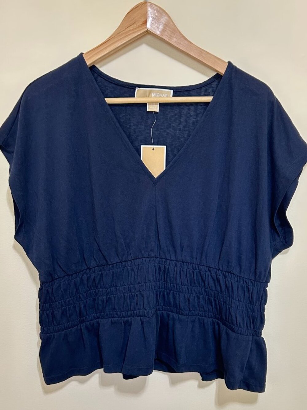 NWT MICHAEL Michael Kors V-Neck Smocked Waist Top Dark Blue Size L